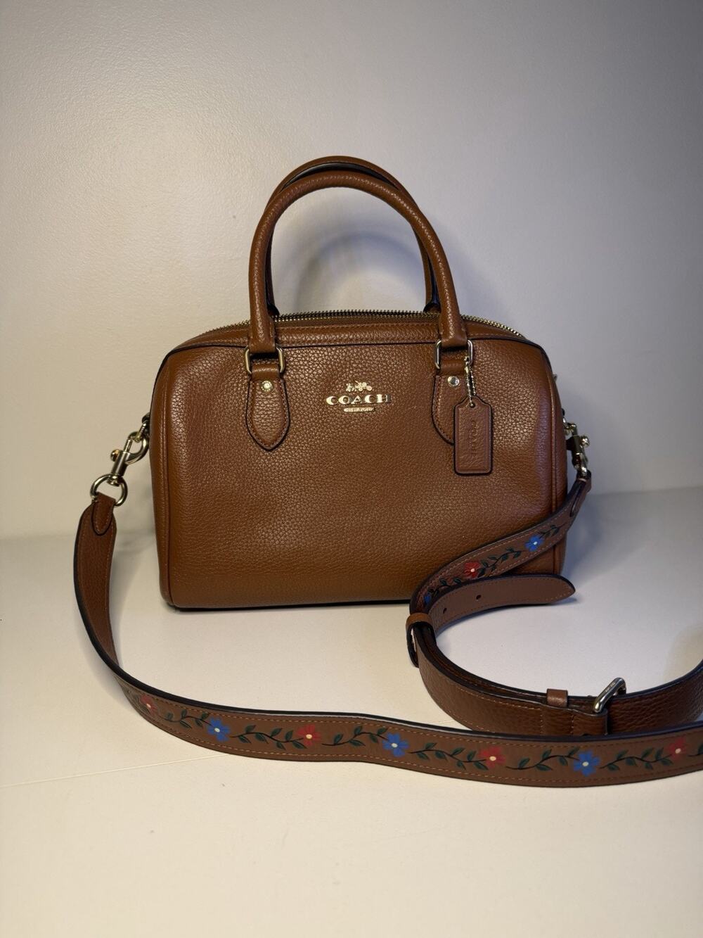 COACH Rowan Satchel Crossbody Bag Pebbled Leather Brown Purse Shoulder Handbag